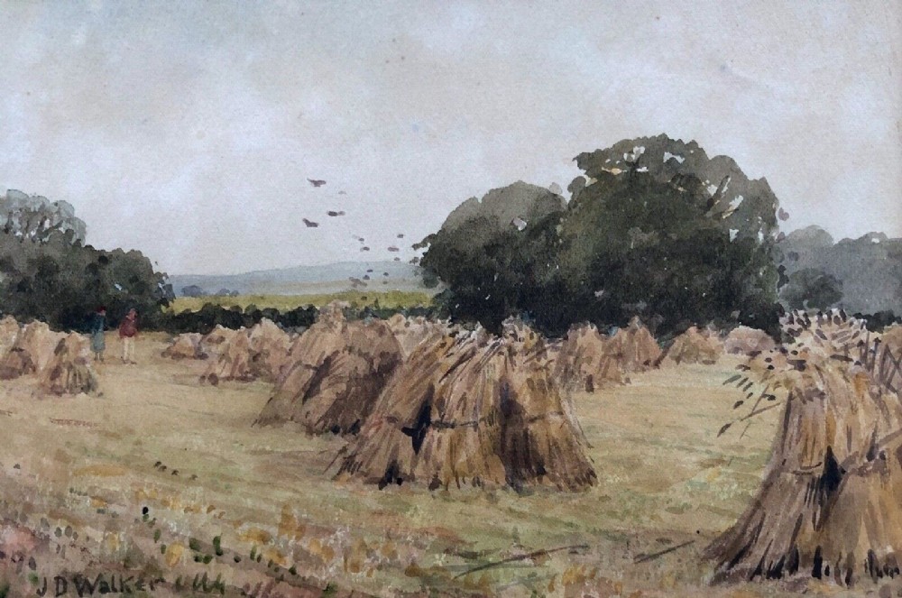 John Dobby Walker Signed Original late 19th Century Antique Watercolour Painting Yorkshire Meadow Haystack Landscape