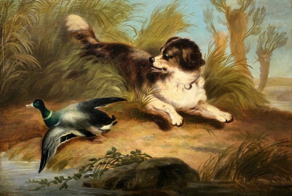 R Ansdell Signed Circle of Richard Ansdell Original Late 19th Century English Oil Painting on Canvas Hunting Landscape Spaniel Flushing out a Mallard