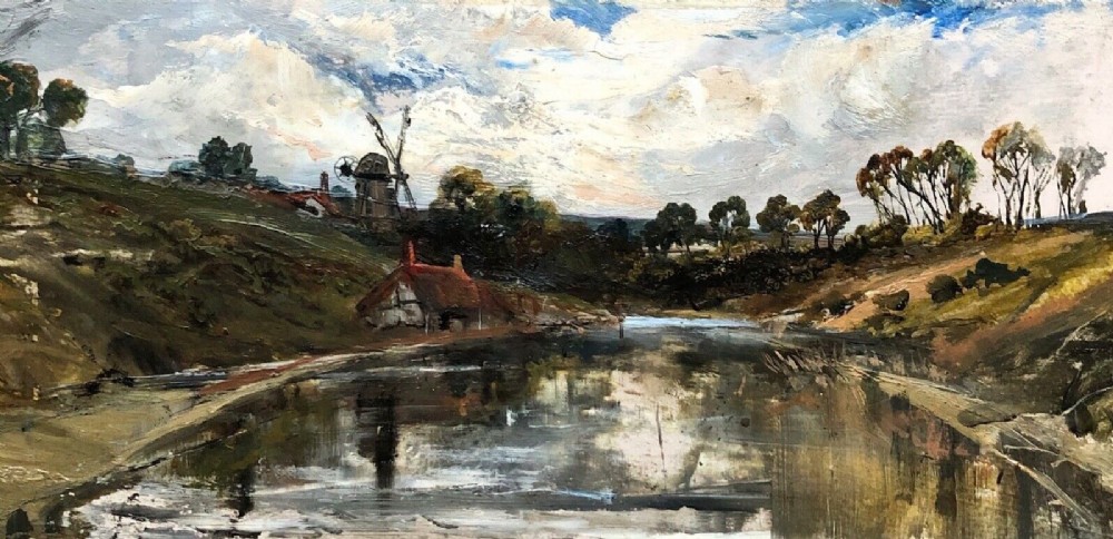 Inscribed verso Original 19th Century Antique Oil Painting on Board Windmill & River English Landscape