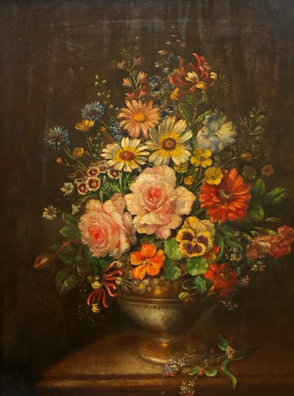 Original 19th Century Antique English School Oil Painting on Canvas Still Life Study of Summer Flowers including Roses Pansies Cornflowers & Honeysuckle in a Pewter Pedestal Vase