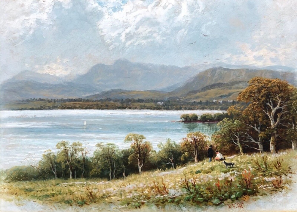 Robert Finlay McIntyre Signed Original 19th Century British School Antique Oil Painting on Board Loch Katrine & Ellen's Isle Scottish Highland Landscape