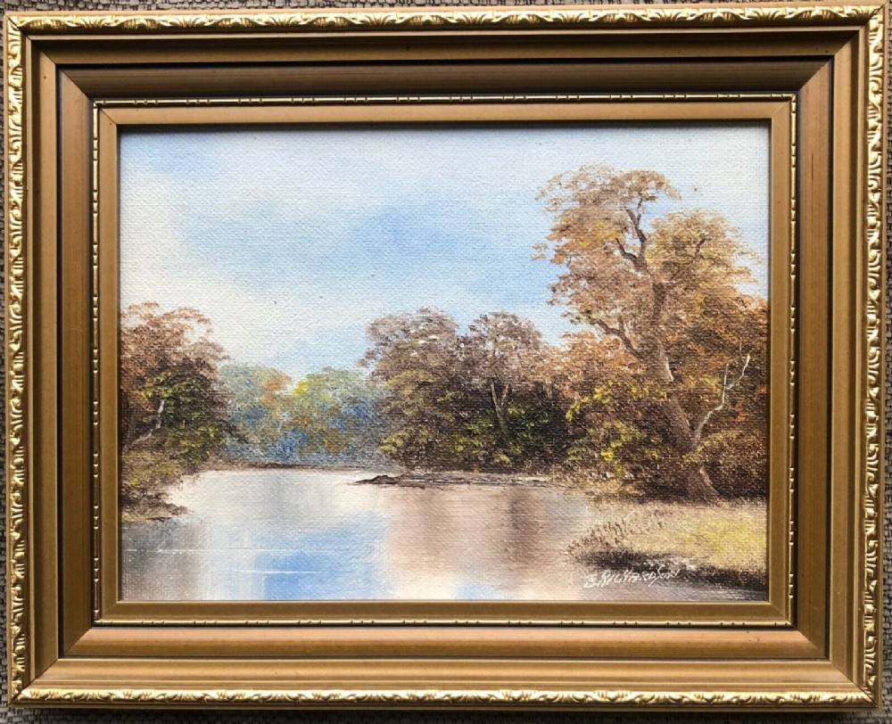 Brian Richardson Signed Mid 20th Century Vintage Oil Painting on Board Yorkshire Woodland & Pond Landscape