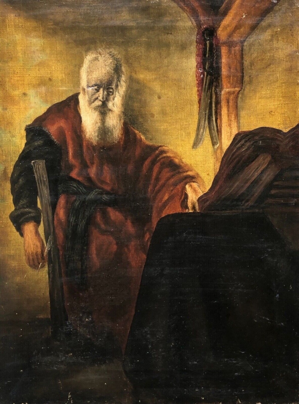 After Rembrandt Original Antique Oil Painting on Canvas Apostle Paul in Contemplation Religious Portrait Study