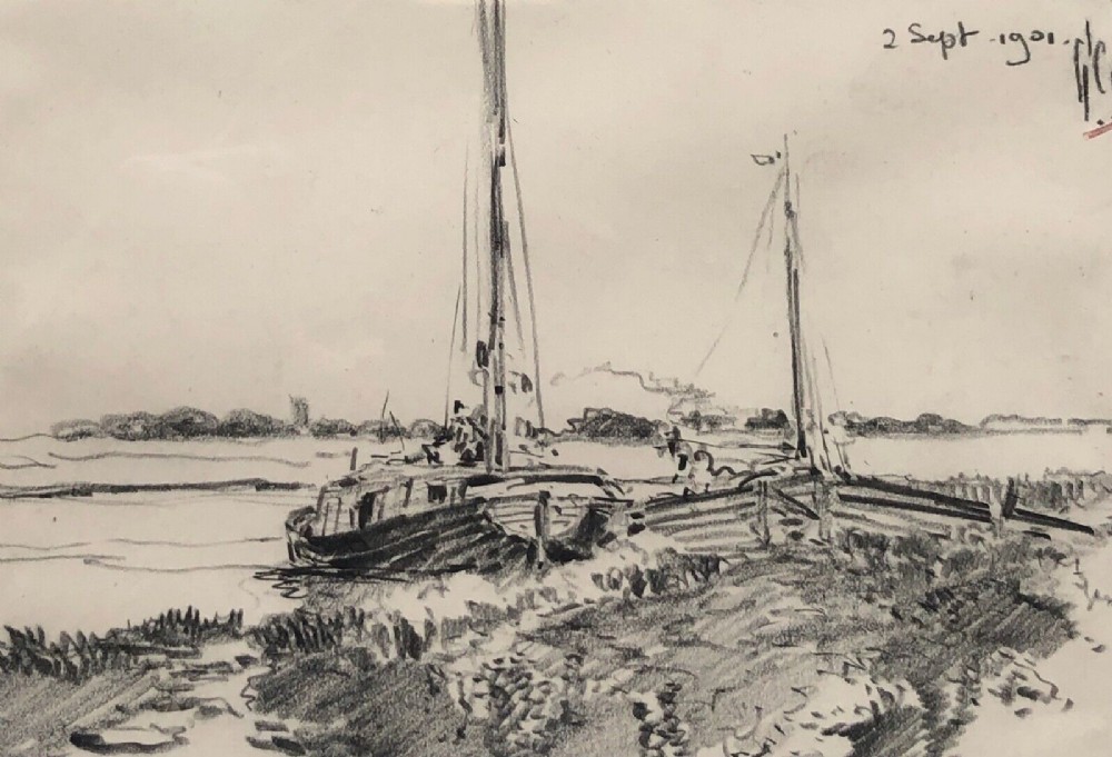 George Charles Haite 1901 Signed Original Antique Pencil Charcoal Sketch, Wherries at Anchor English Seascape Landscape
