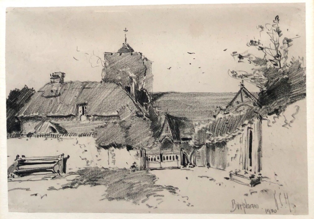 George Charles Haite 1900 Signed Original Antique Pencil Charcoal Sketch Church at Burpham West Sussex English Landscape