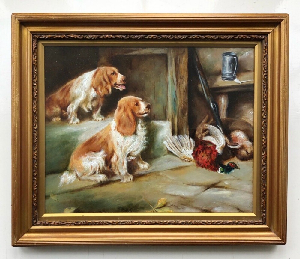 English School Original Antique Oil Painting on Panel Hunting Portrait of Liver & White Spaniels with Day's Bag