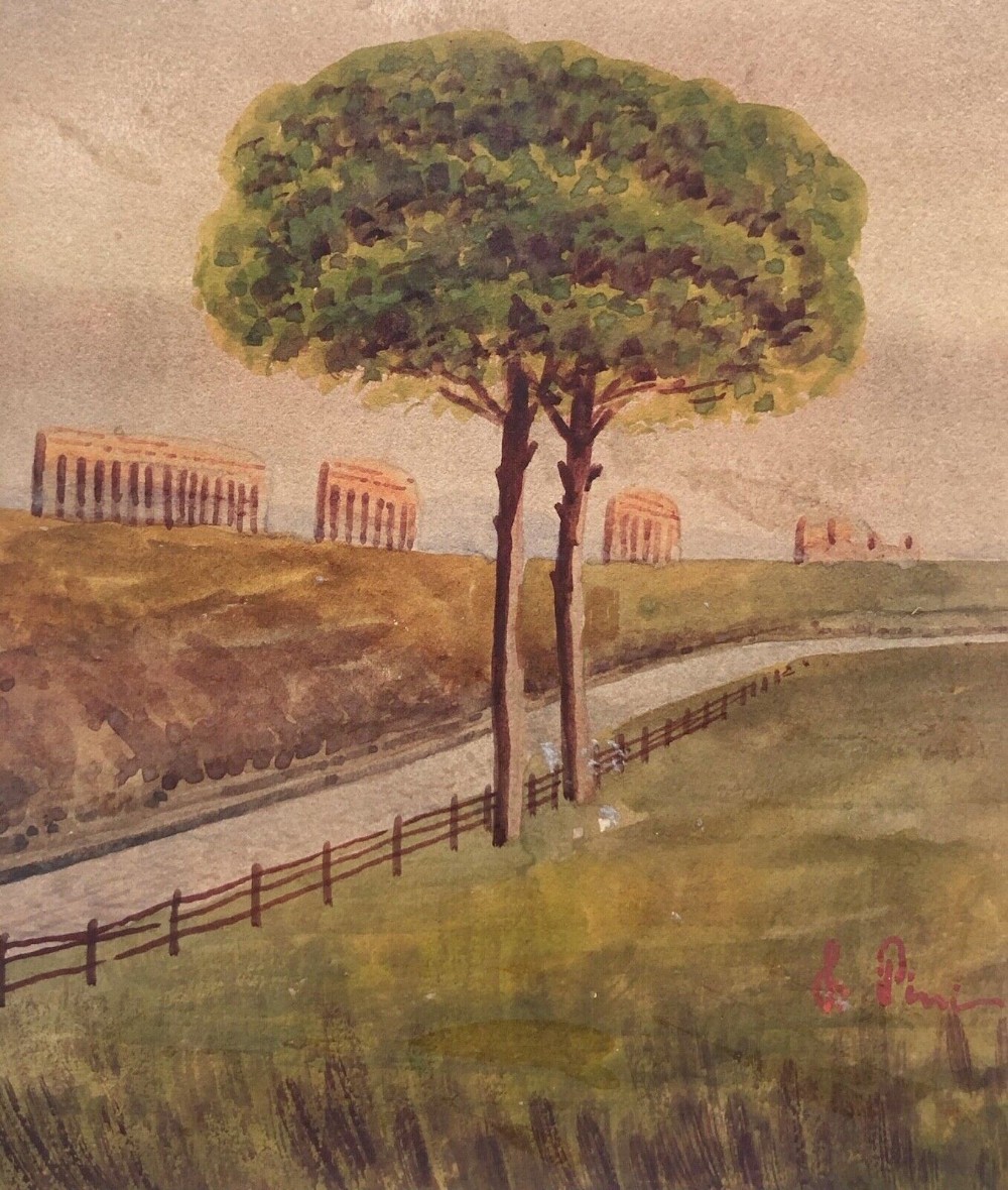 Roman aqueduct Ruins Appian Way Rome Italy, Original 19th Century Antique Signed Watercolour Painting Study Italian Landscape