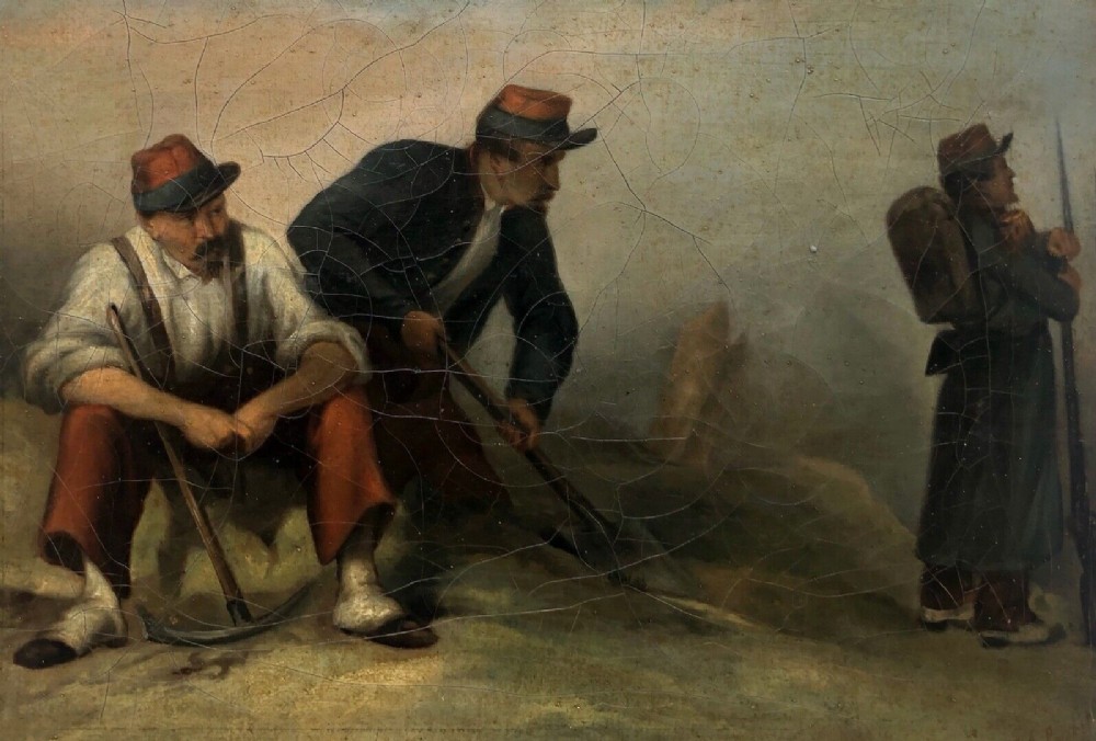 French School Indistinctly Signed 19th Century Antique Oil Painting on Canvas Study of Soldiers Resting in Camp