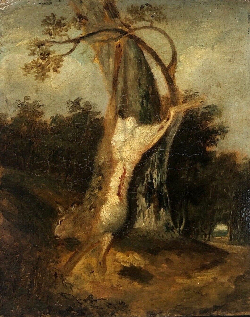 English School Original 19th Century Antique Oil Painting on Wood Panel Hunting Game Still Life of a Hare
