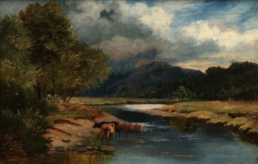 Original English School 19th Century Antique Oil Painting on Canvas Cattle Riverbank & Hills Landscape in a Period Wooden Gilt Frame