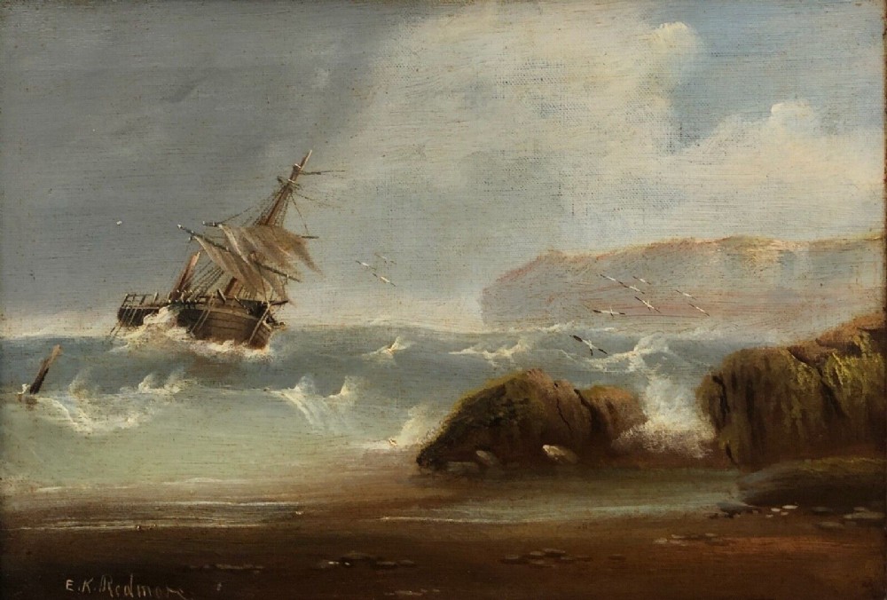 E K Redmore Signed Original 19th Century Antique Oil Painting on Canvas Ship off the Yorkshire Coast in Stormy Seas