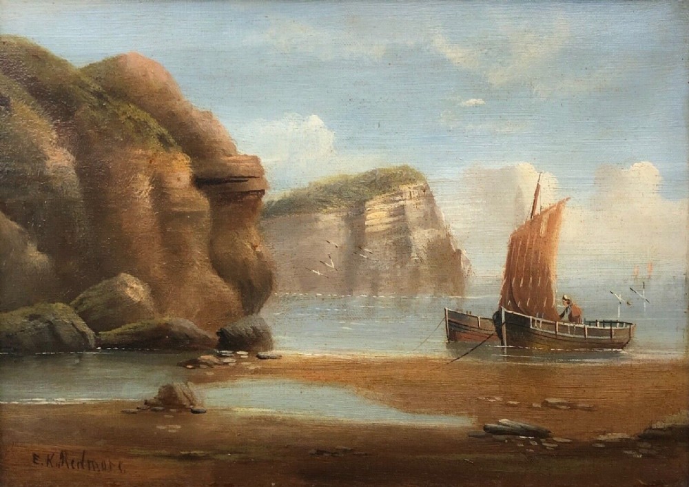 E K Redmore Signed Original late 19th Century Antique Oil Painting on canvas Ship Anchored in Calm Waters off the Yorkshire Coast