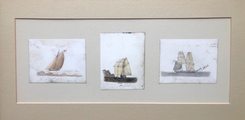 Three Pen ink & Watercolour Paintings Original early 19th Century Antique Sketches of Ships Off Falmouth dated 1835