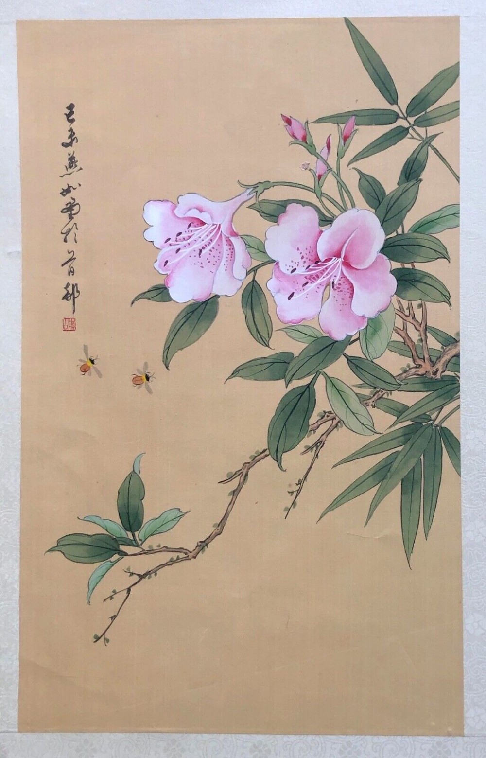 Original Early 20th Century Antique Chinese Watercolour Ink Painting on Silk Blossom Branch & Bees Study