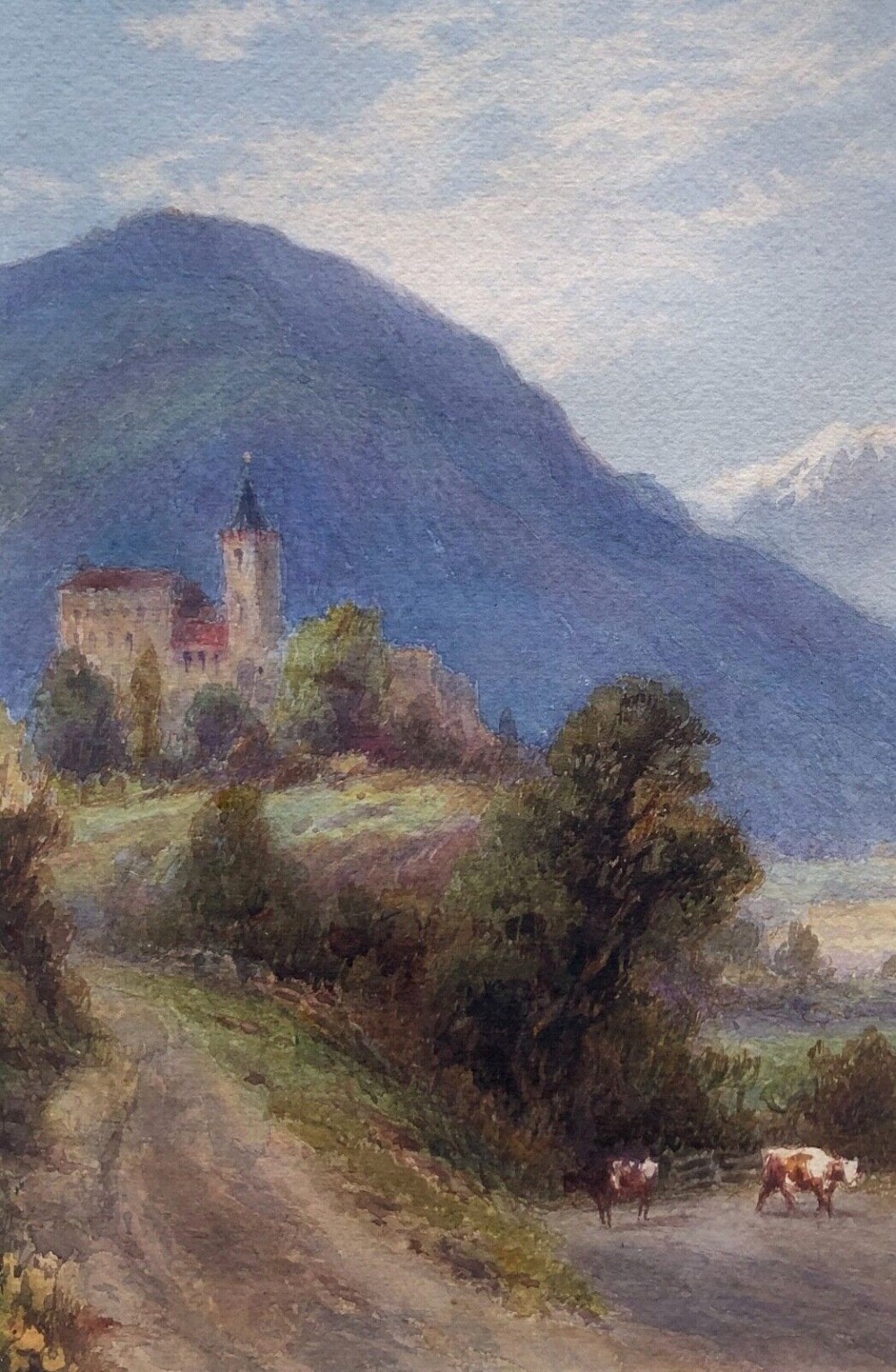 Attributed to John MacWhirter Original late 19th Century Antique Watercolour Painting Switzerland Castle and Cattle Landscape