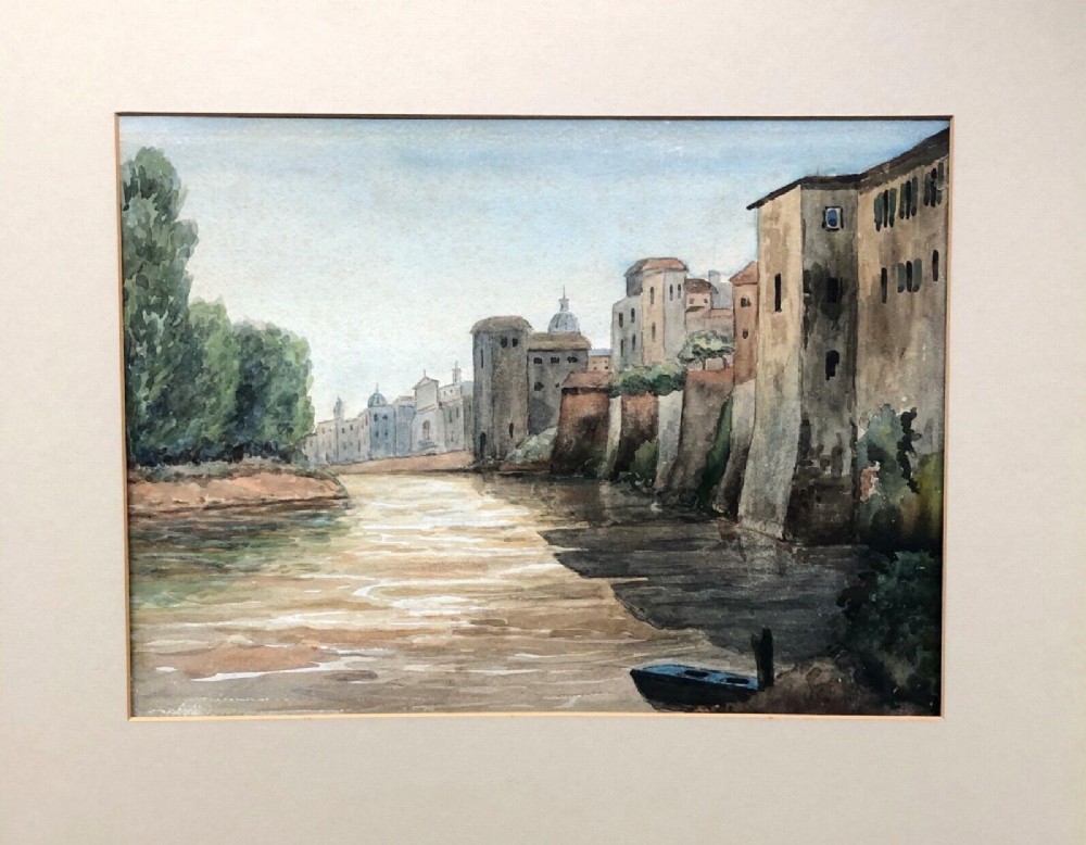 Original late 19th Century Antique Watercolour Painting an Italian River & Building City Landscape