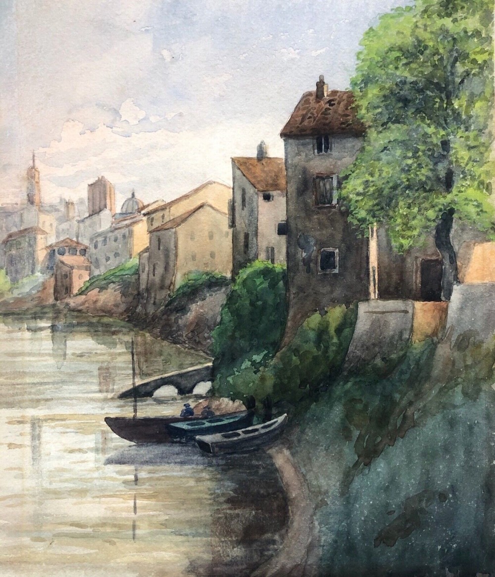 Original late 19th Century Antique Watercolour Painting Italian River Landscape with Boat Figure 