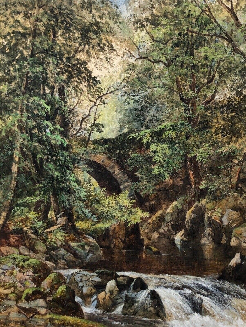 Original late 19th Century English School Antique Watercolour Painting Woodland Landscape River with a Stone Bridge