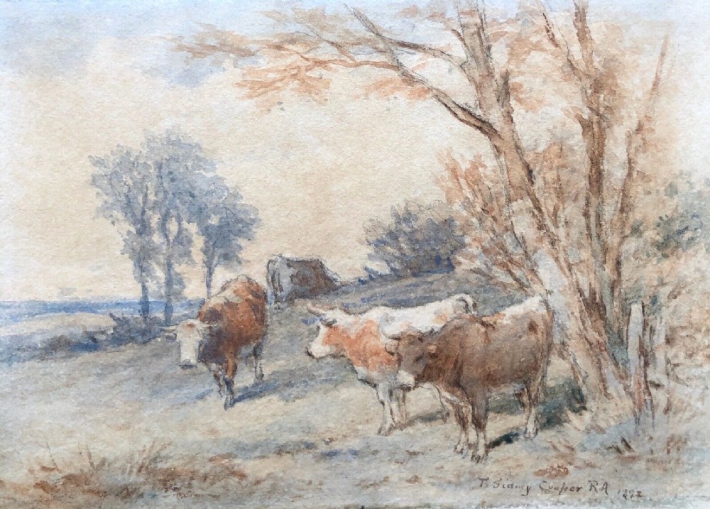 Thomas Sidney Cooper RA 1893 Signed Original Late 19th Century Antique Watercolour Painting Cattle in Meadow English Landscape