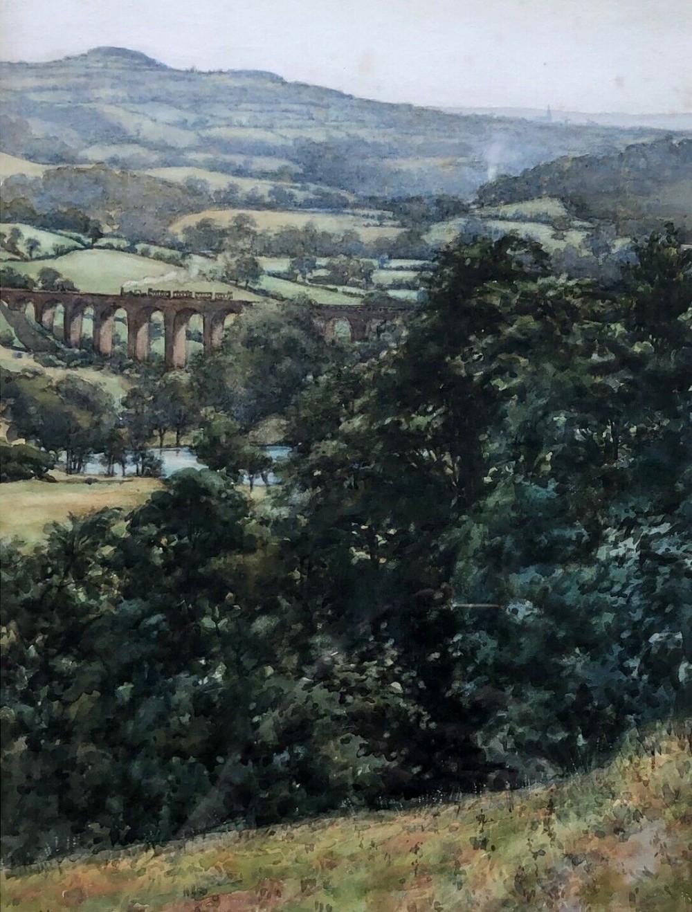 John Dobby Walker Signed early 20th Century Antique Watercolour Painting Arthington Railway Viaduct Near Otley West Yorkshire Landscape