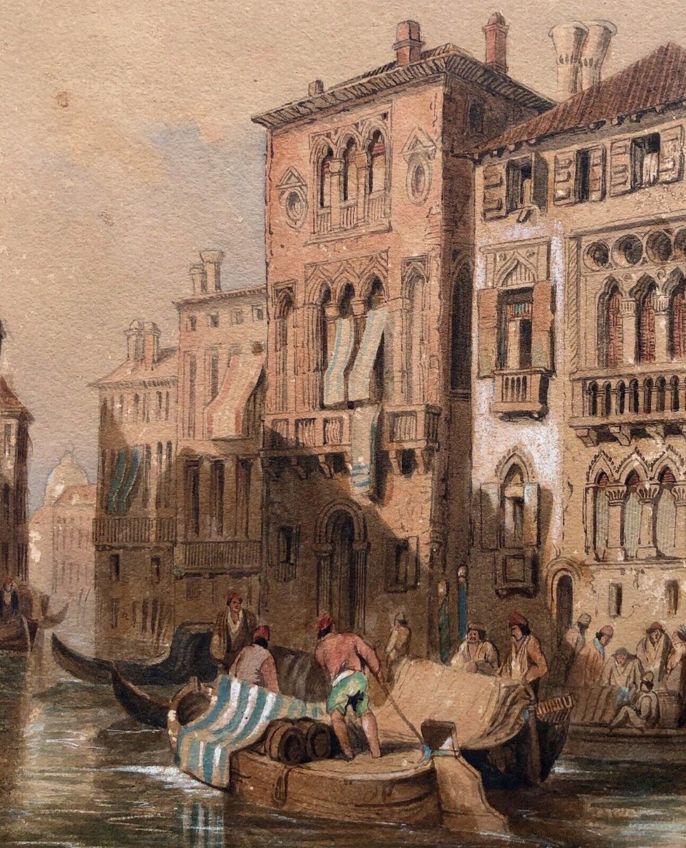 Manner of Samuel Prout Original early 19th Century Antique Watercolour Painting Venetian Gondoliers Venice Italian Cityscape
