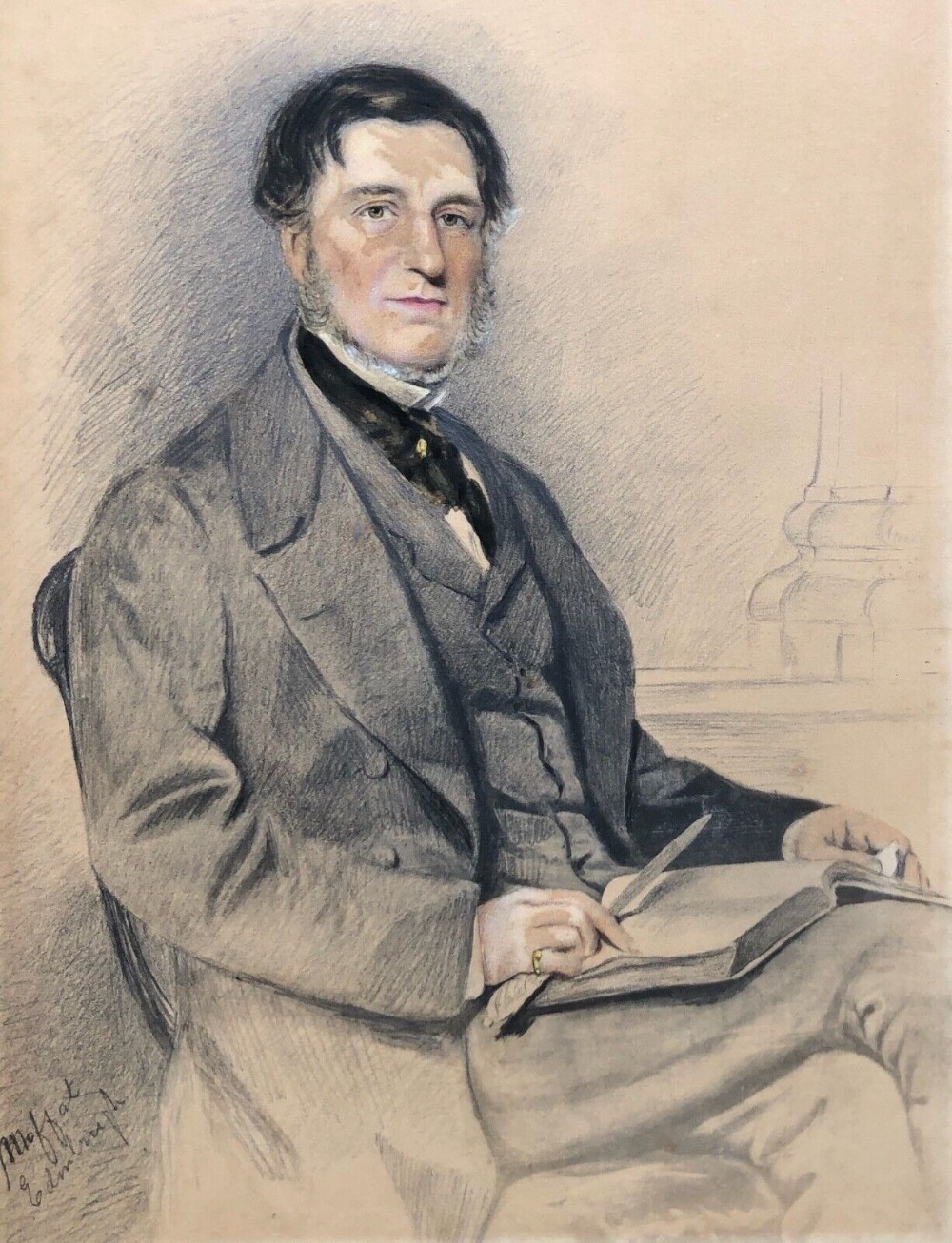 Signed J Moffat Edinburgh Original 19th Century Antique Watercolour Painting Portrait Study of a Seated Victorian Gentleman