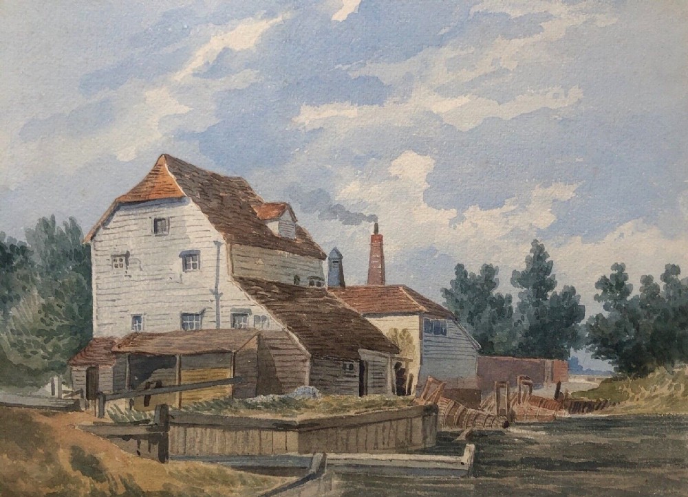 Attributed to Miles Edmund Cotman Original 19th Century Antique Watercolour Painting Riverside Buildings & Eel Baskets
