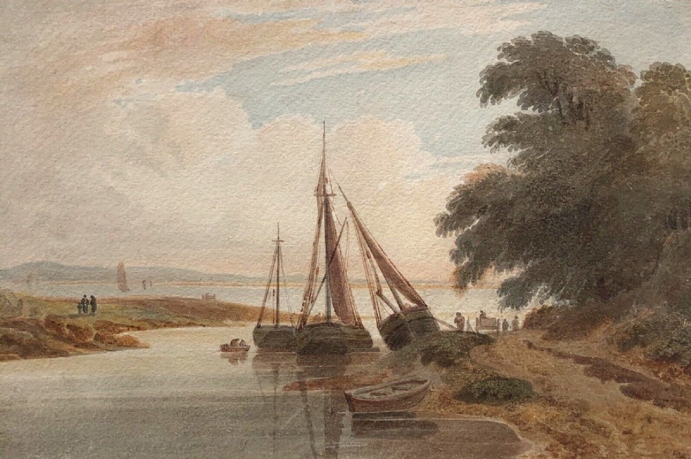 Attributed to Cornelius Varley original early 19th Century Antique Watercolour Painting Estuary & Fishing Boat Landscape