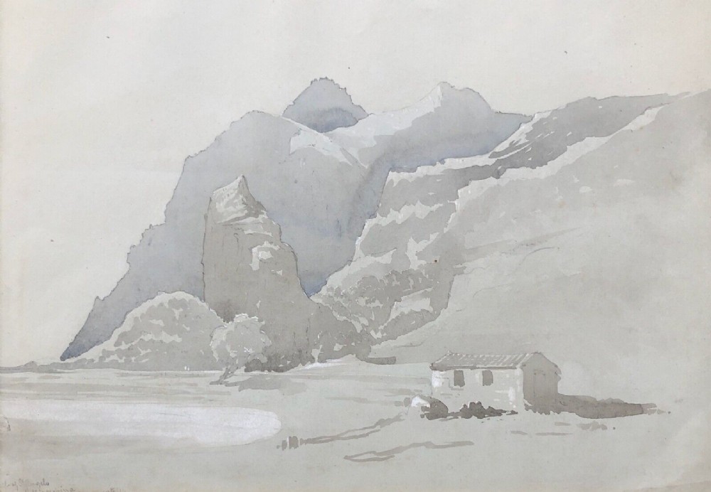 Dated 1864 Original 19th Century Antique Grisaille Watercolour Painting Castle St Angelo Paleokastritsa Corfu Greek Landscape