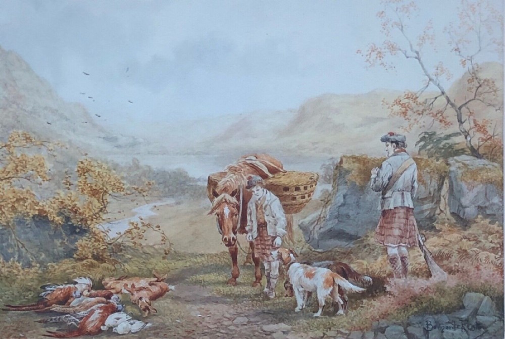 Bernard Foster Signed Original 19th Century Antique Watercolour Painting Scottish Hunting Landscape