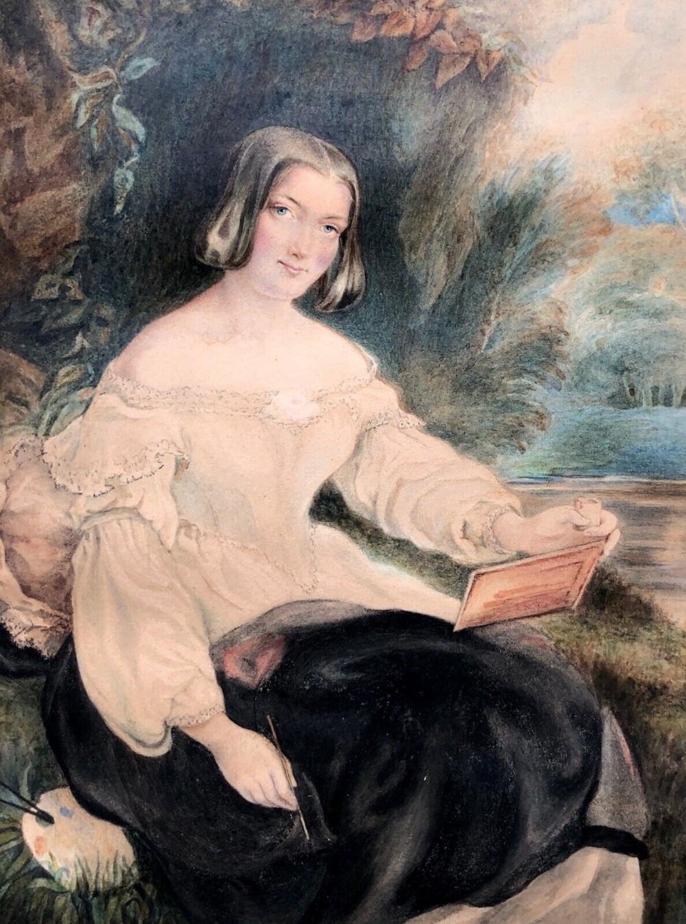 English School Original early 19th Century Antique Watercolour Painting Portrait of a Young Victorian Lady Painting en Plein Inscribed Verso