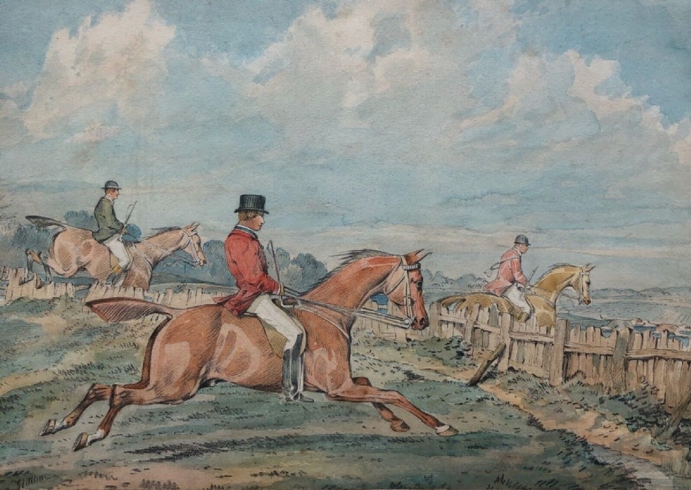 Signed H (Henry) Alken Original early 19th Century English Antique Watercolour Painting Fox Hunting Horses & fences