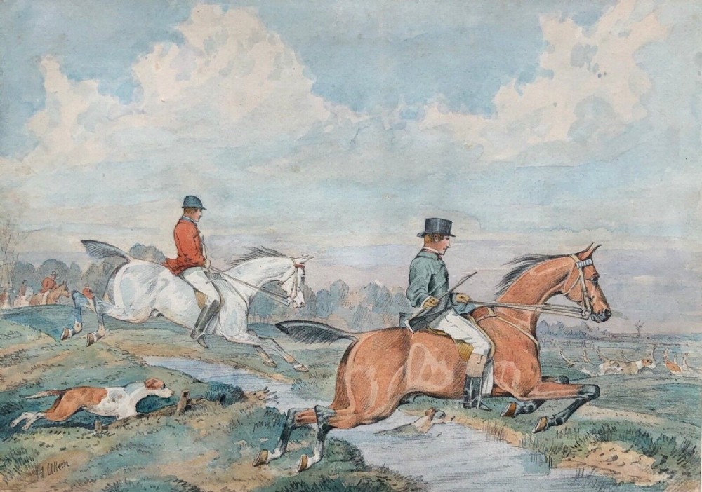 Signed H (Henry) Alken Original C19th English Watercolour Painting Hunting Landscape Jumping a Stream with Hounds