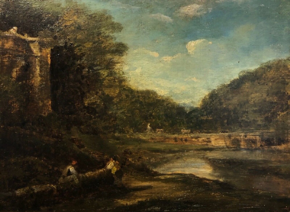 British School Original early 19th Century Oil Painting on Wood Panel River Landscape with Figures working on a Building