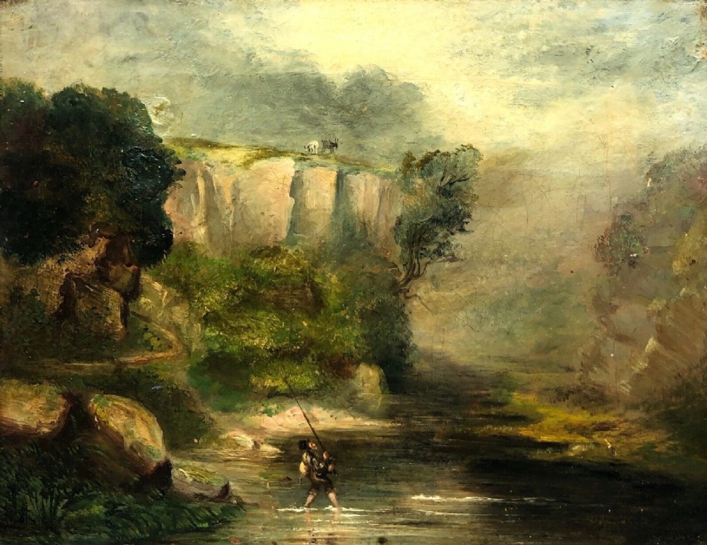 Original 18th Century Antique Oil Painting on Canvas Man Fishing at Grimbald Crag Knaresborough Historical Yorkshire Landscape