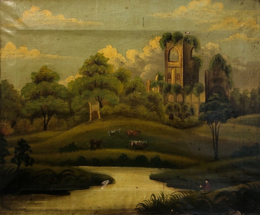 Original 18th Century Antique Naïve Oil Painting on Canvas Abbey Ruins with Cattle Landscape Possibly Fountains Abbey Yorkshire