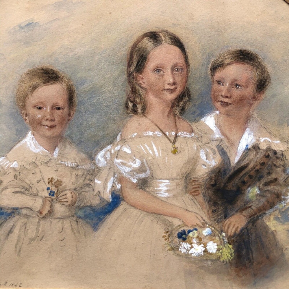 Sydney Buck 1842 Signed Original mid 19th Century Antique Watercolour Portrait Painting of the Harrison Children