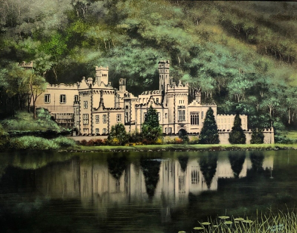 A J Wiseman 1967 Signed Original Vintage Retro Oil Painting on Board Kylemore Abbey Ireland Landscape