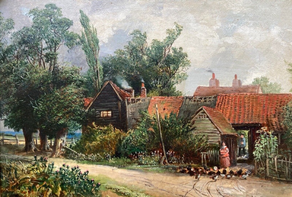 Edward Adveno Brooke 1864 Signed Original 19th Century Antique Oil Painting on Panel Old Farm Buildings on Country Lane English Landscape