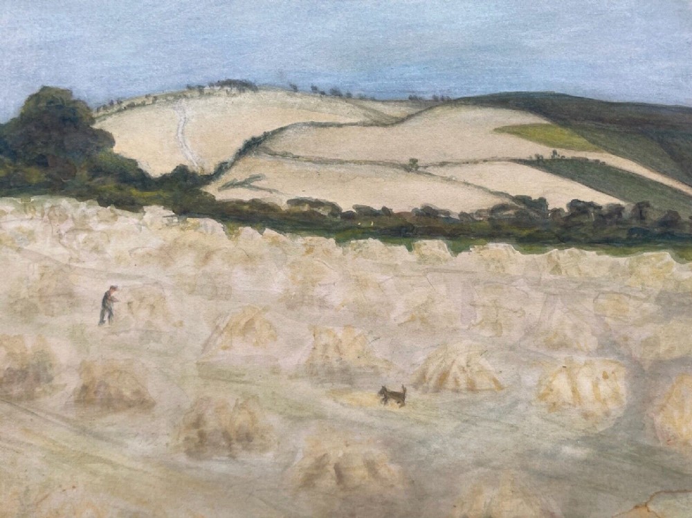 Mid-century watercolour painting depicting rolling Yorkshire hills and a harvested field with haystacks, a human figure, and a small dog under a pale blue sky.