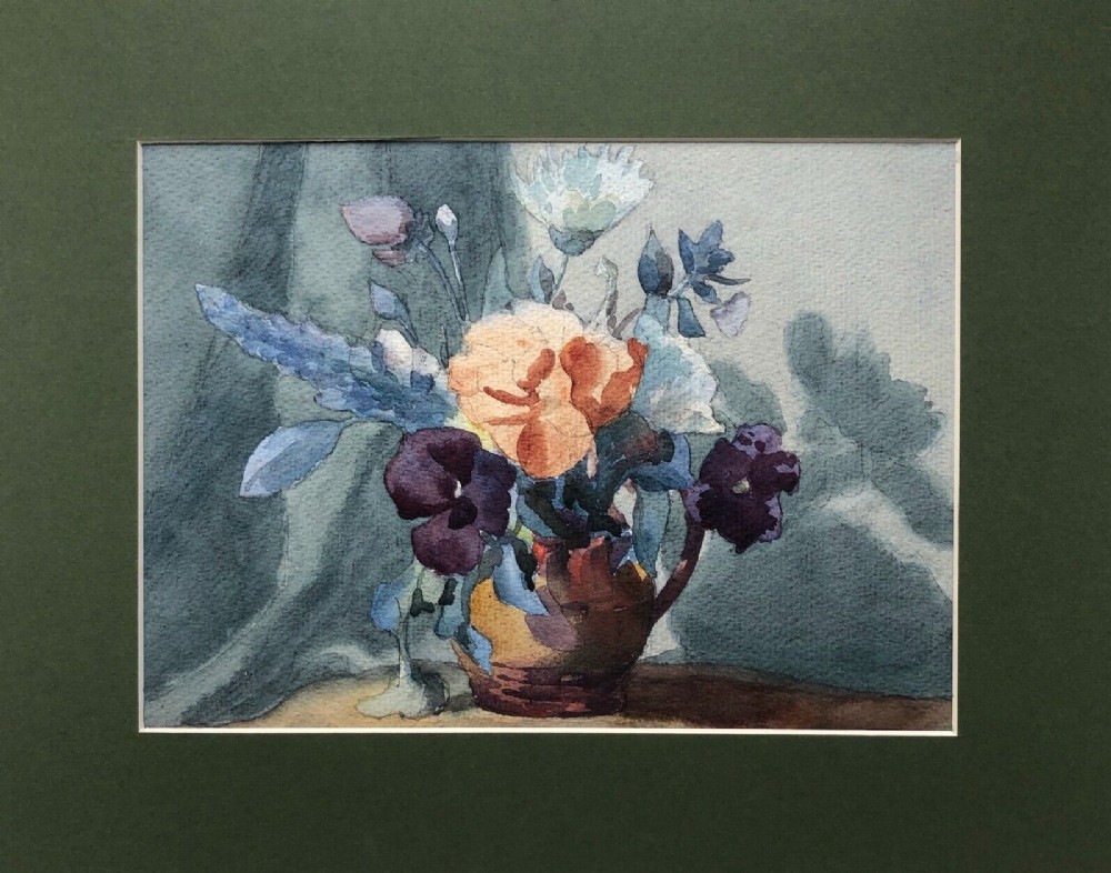 Olive Higginbottom Original Antique Watercolour Still Life Flowers in a Brown Jug Painting  No. 25
