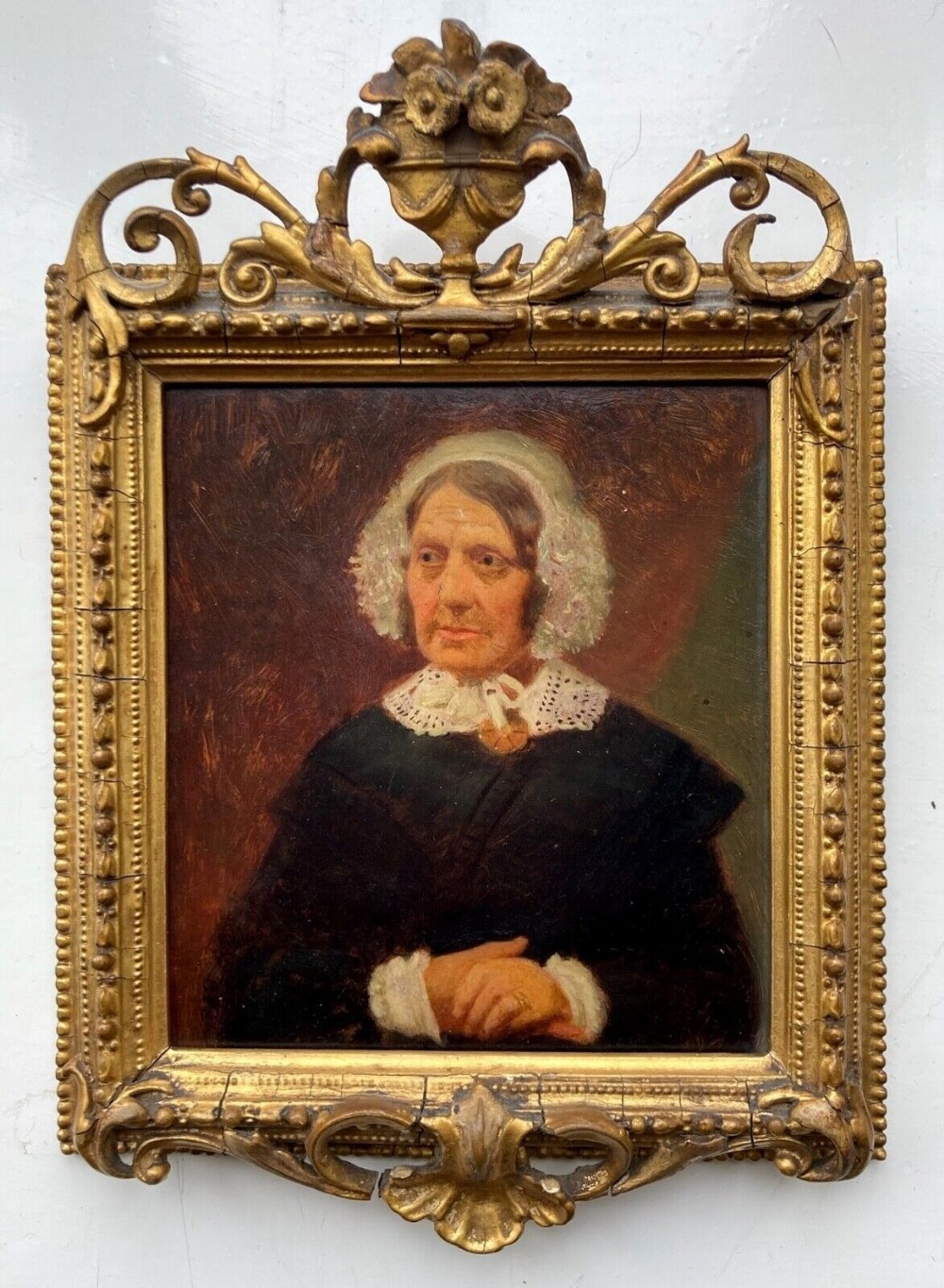 Original 19th Century Antique Miniature Oil Painting Portrait of a Victorian Lady wearing a Lace Cap & Black Dress