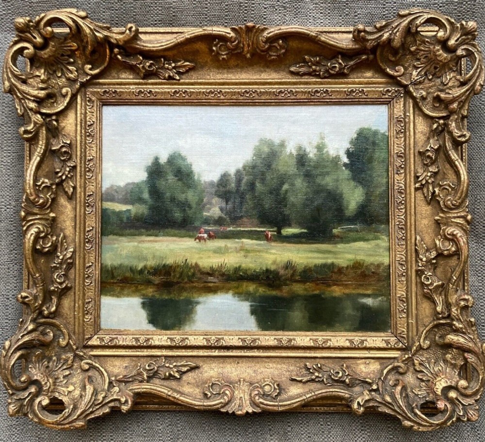 Mid 20th Century British School Original Oil Painting on Board Cattle Grazing by the Riverbank Presented in Ornate Frame