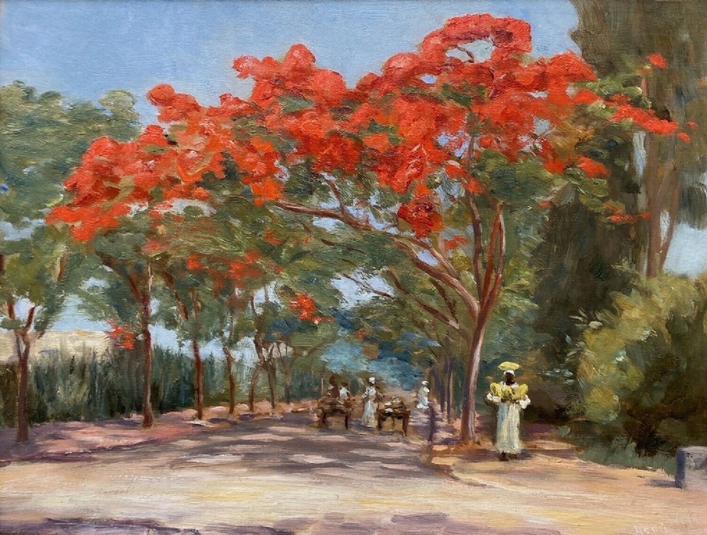 Indistinctly Signed 1925 Early 20th Century Original Antique Oil Painting on Panel Cairo Egypt Flame Trees & Figures Landscape