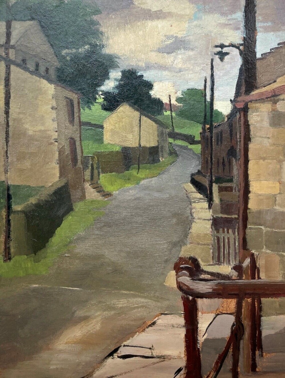 Mid C20th Vintage Northern Art British School Original Oil Painting on Board Country Village Road & Farm Building Landscape