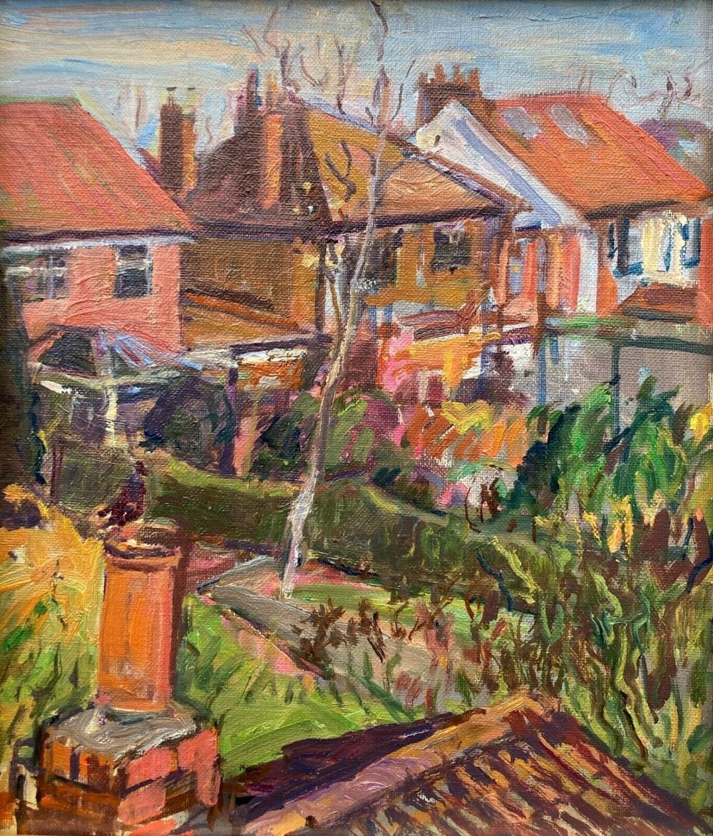 Early 20th Century Vintage Northern Art British School Original Oil Painting on Board Roof Tops & Back Garden Landscape