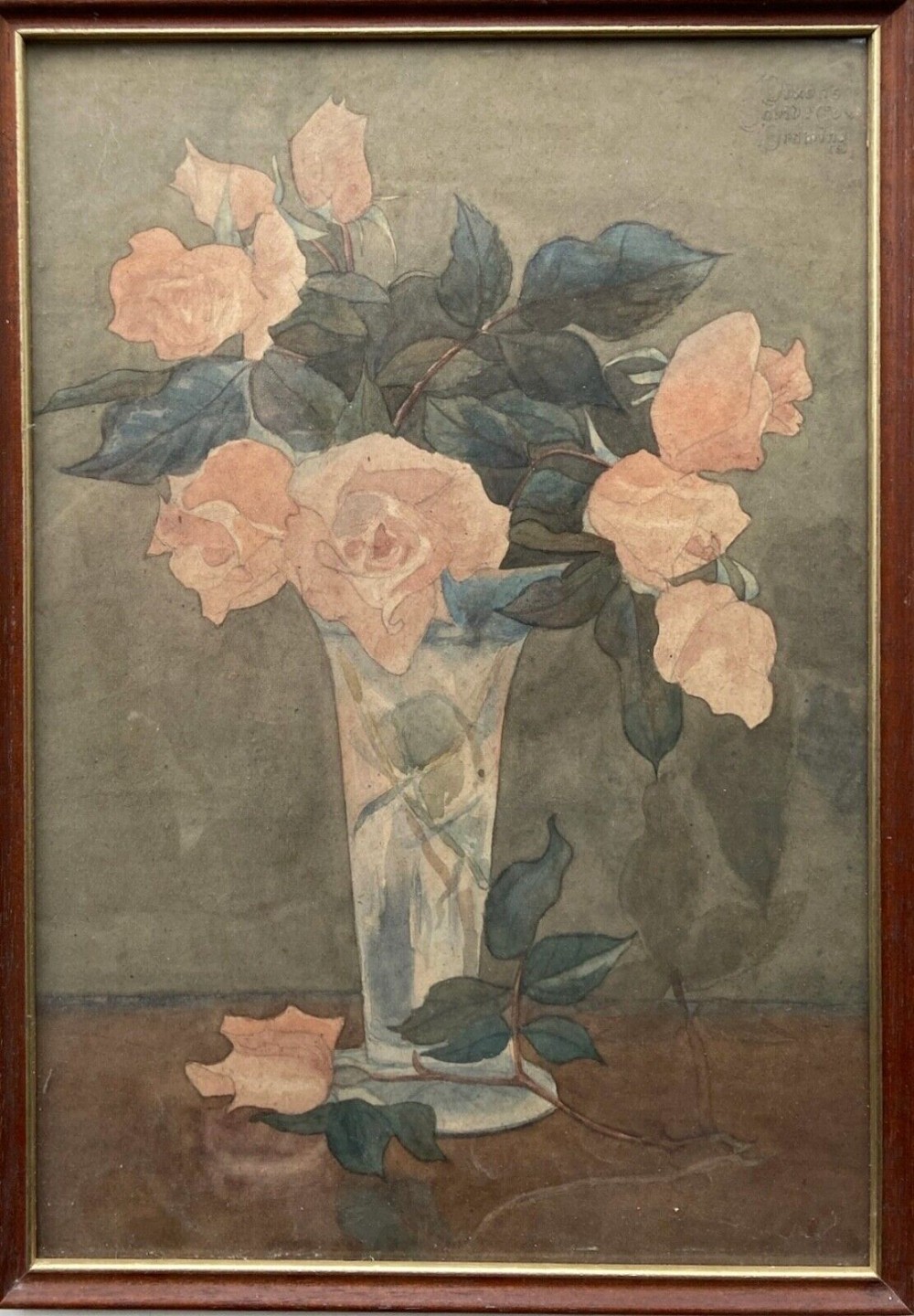 Olive Higginbottom Original early 20th Century Antique Watercolour Painting Still Life Study of Peach Roses in a Glass Vase No. 26
