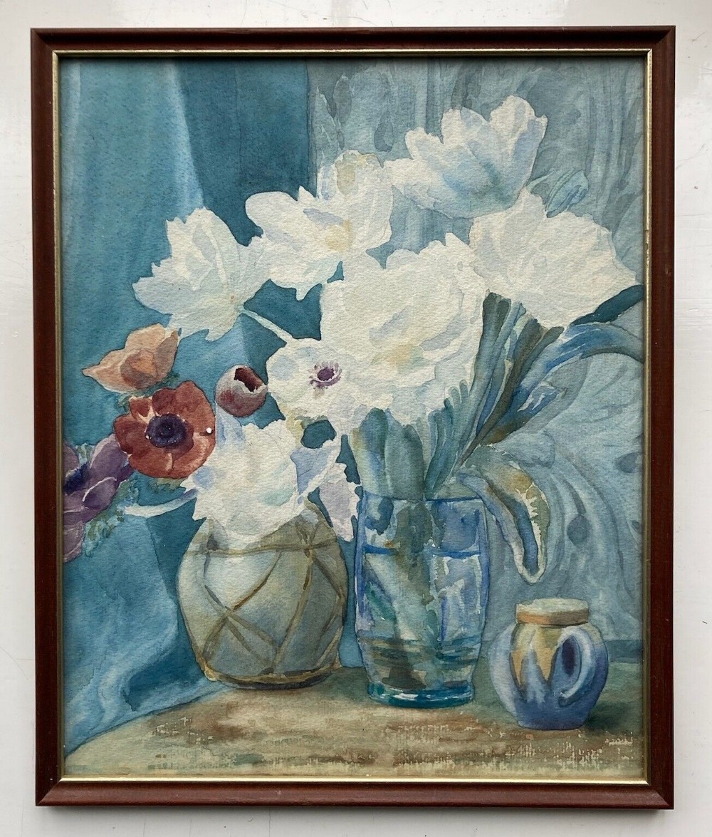 Olive Higginbottom early 20th Century Original Antique Watercolour Painting Still Life Study of White Roses & Anemones No. 27