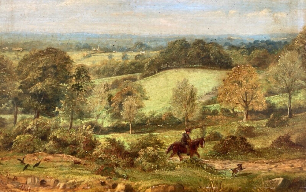 Signed E P 1859 (Attributed to E Powell Verso) Original mid 19th Century Original Antique Oil Painting on Panel Dog, Horse & Rider in English Country Landscape