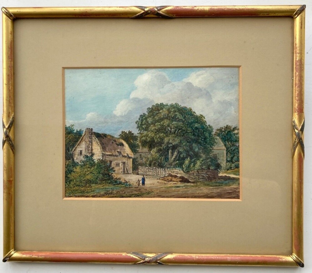 Original 19th Century English School Antique Watercolour Painting Figures & Farm Buildings English Country Landscape